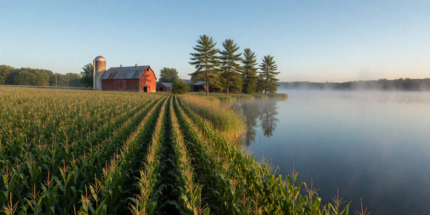 Minnesota farm field bordering a calm misty lake at dawn with a red barn in the distance