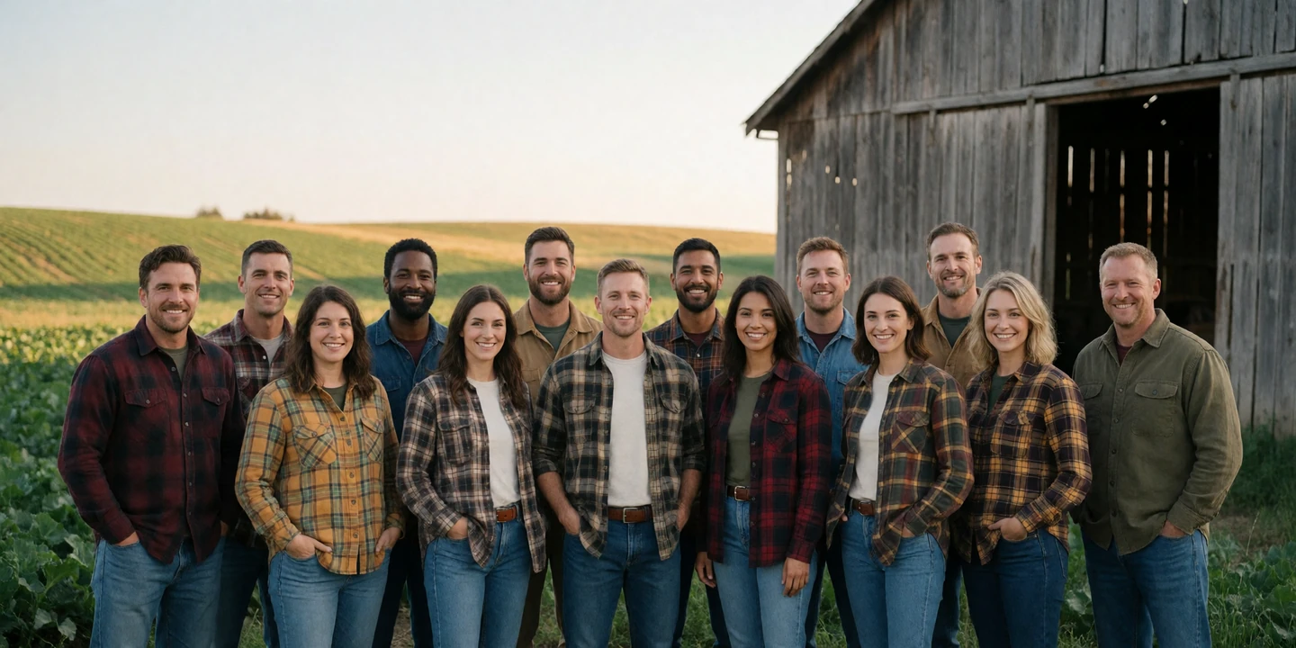 Diverse group of adult farmers standing together outside a barn on a country farm