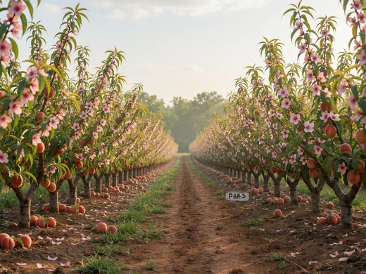 Georgia peach orchard with blossom rows and a red clay farm path
