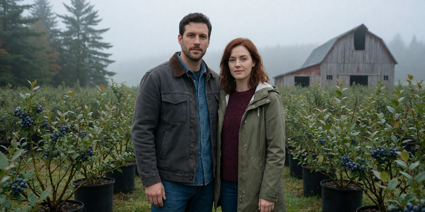 Adult couple standing together on a misty Maine blueberry farm for a Maine dating site