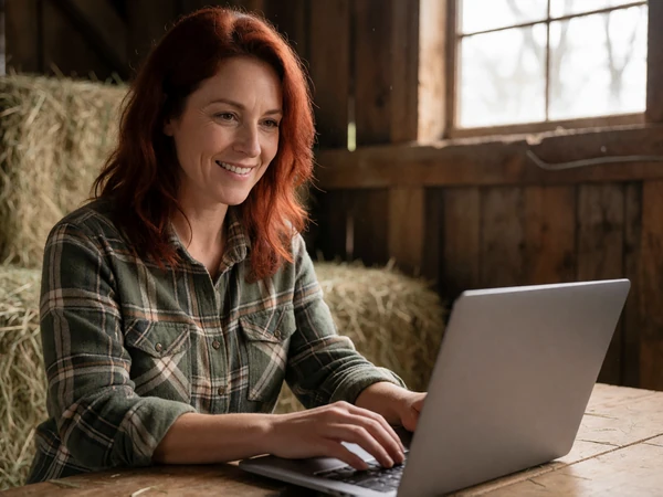 Adult woman farmer smiling while using a laptop at a wooden table inside a rustic barn