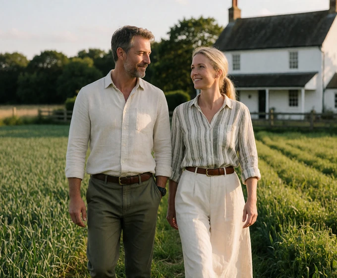 Adult farm-owning couple walking together through a green field near a white farmhouse at golden hour