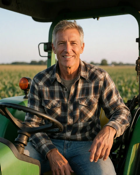 Adult man in a plaid flannel shirt sitting on a green farm tractor in an Iowa field