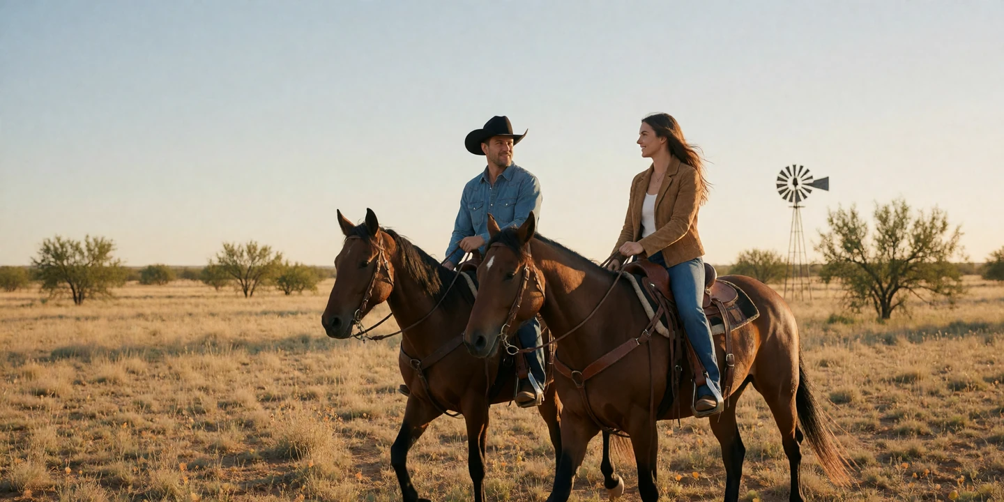 Adult man and woman couple riding horses side by side across a wide open Texas ranch at golden hour