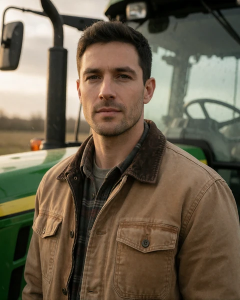 Adult man farmer standing beside a green tractor in a field