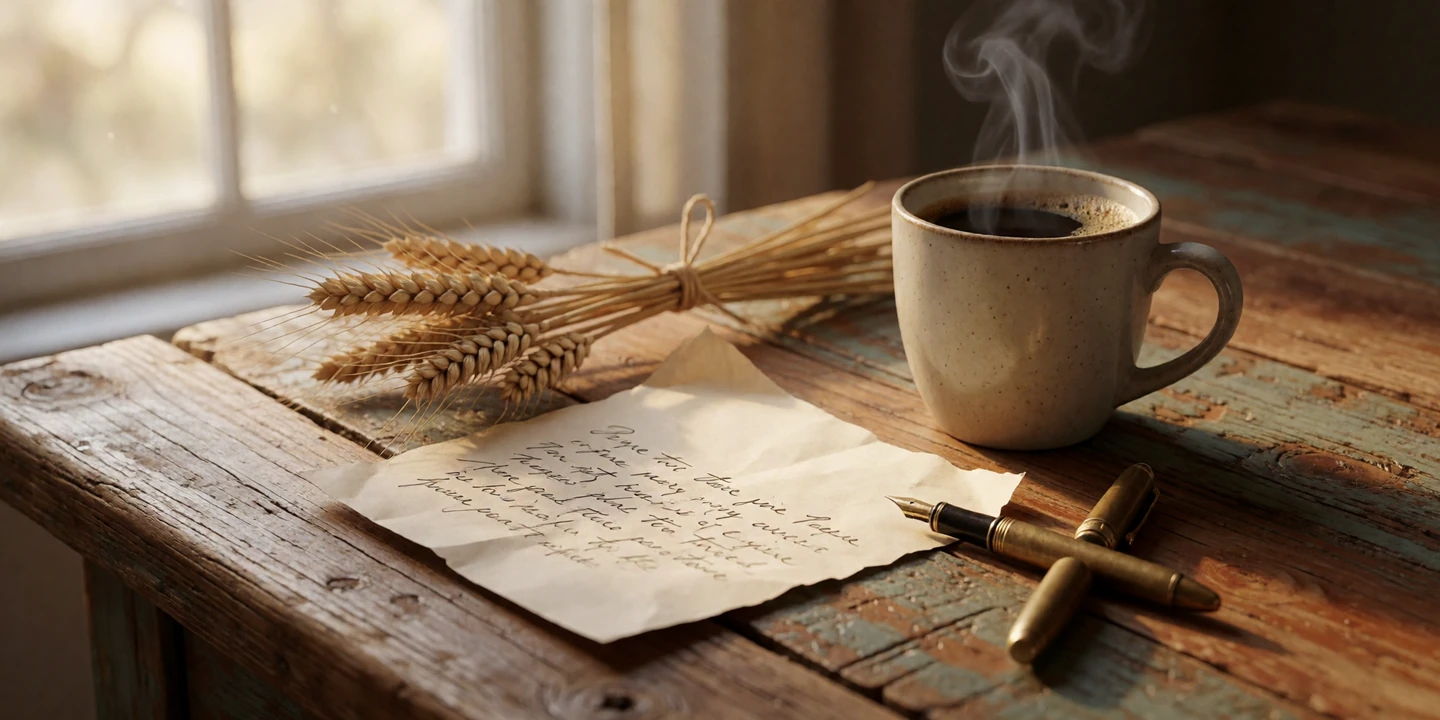 A wooden desk with a handwritten letter, a mug of coffee, and dried wheat in soft morning light