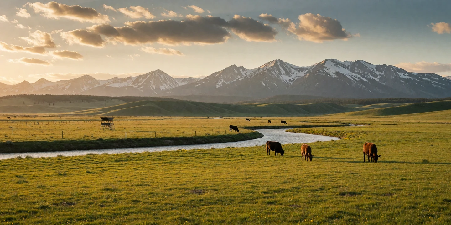 Expansive Montana ranch landscape with rolling pastures and snow-capped mountains under a vast Big Sky at golden hour