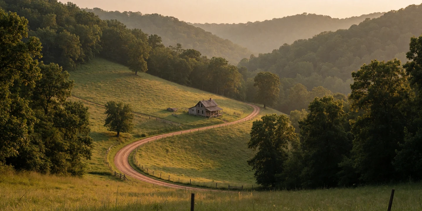 Winding dirt road through green Ozark mountain farmland in Arkansas at golden hour