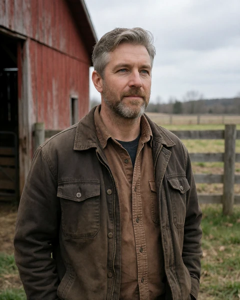 Adult Jewish agricultural worker near a barn in a rural pasture setting