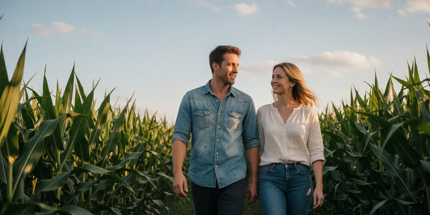 Adult man and woman couple walking together through a tall green Iowa cornfield at golden hour