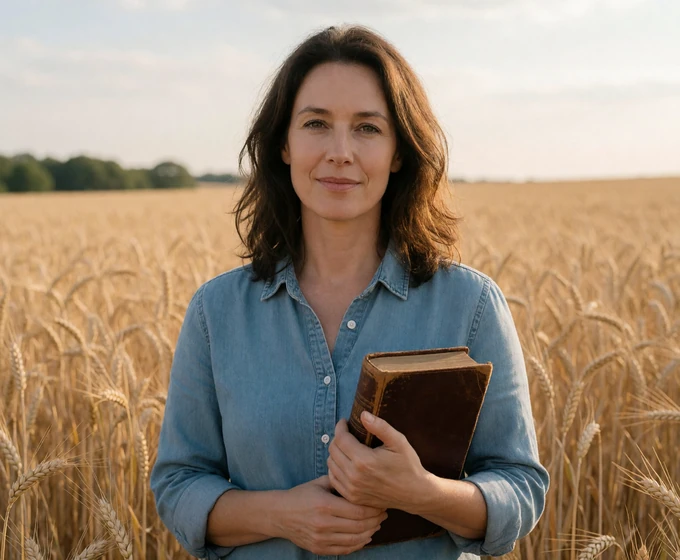 Christian woman farmer holding a bible at the edge of a golden wheat field