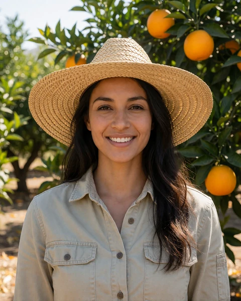 Adult woman citrus farmer in a straw sun hat standing in a sunlit California orange grove