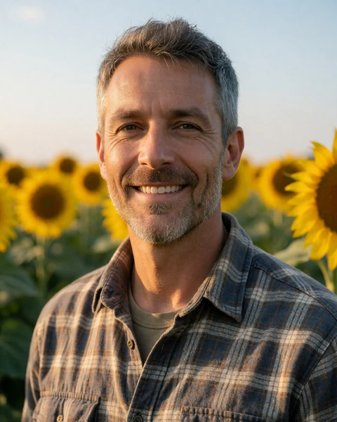 Adult man farmer smiling in a bright sunflower field