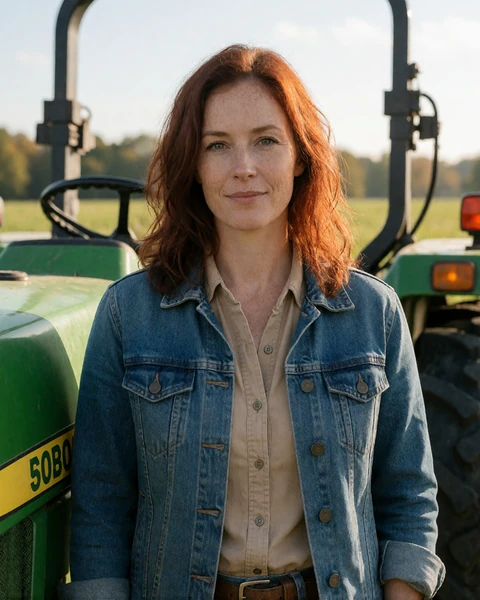 Adult woman farmer in a denim jacket standing beside a green tractor in a North Carolina field