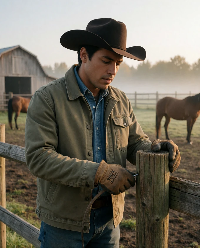 Adult cowboy fixing a ranch fence post in early morning light during a real cowboy routine