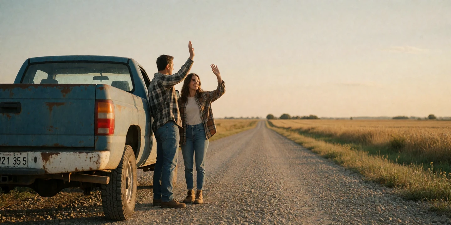 Adult man and woman couple waving goodbye beside a pickup truck on a gravel country road at golden hour