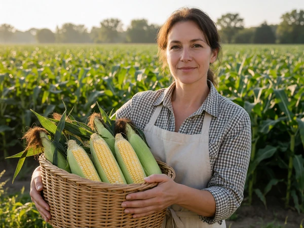 Adult woman carrying a basket of fresh sweet corn at the edge of a sunlit Iowa farm field