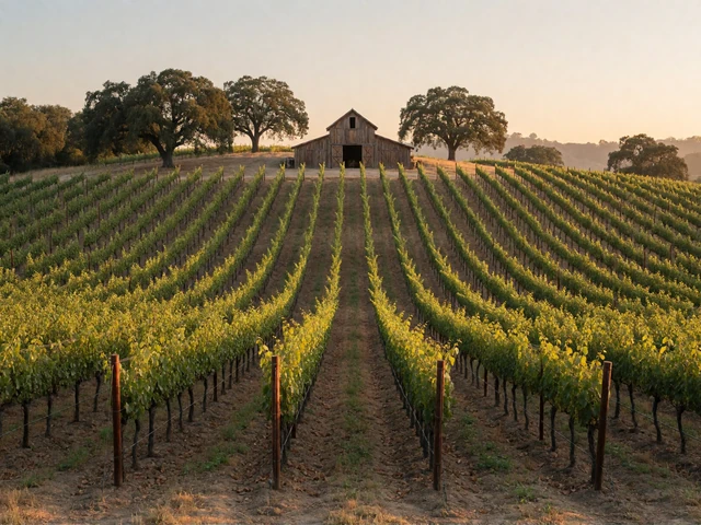 California wine country vineyard on a hillside with a rustic barn at golden hour