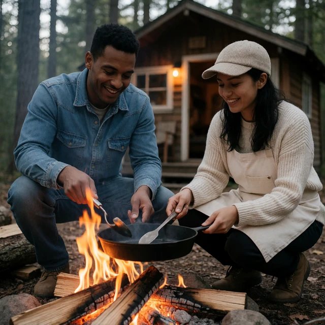 Adult off-grid couple cooking over a campfire during a countryside romance evening