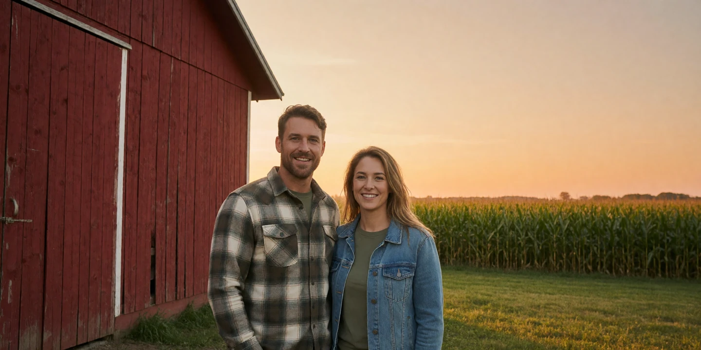 Adult man and woman couple standing by a red barn in rural Indiana at sunset