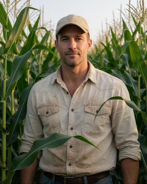 Adult man farmer in a canvas cap standing in a tall green Illinois cornfield