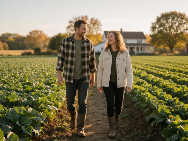 Adult man and woman walking together along a dirt path between crop fields at golden hour