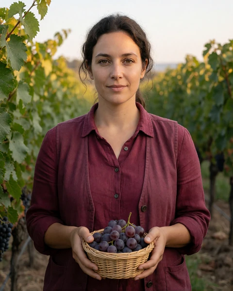 Adult Jewish woman farmer standing in a vineyard with grapes and a warm smile