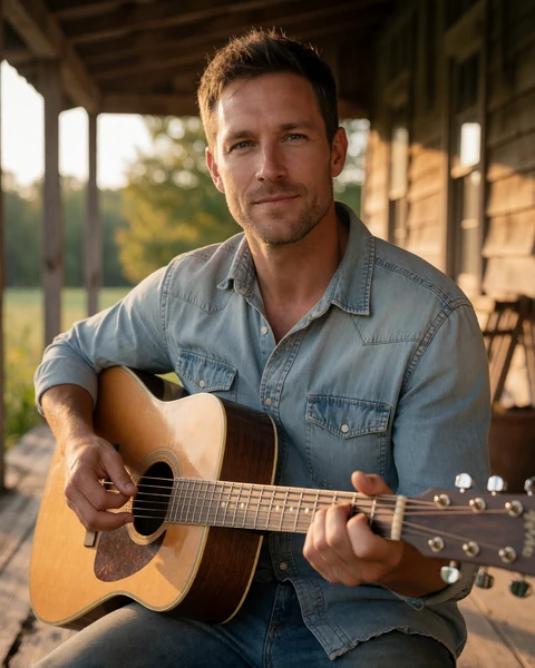 Adult man farmer sitting on a farmhouse porch playing an acoustic guitar in warm afternoon light