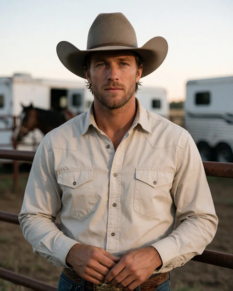 Adult man rodeo rider in a western shirt standing by a ranch fence