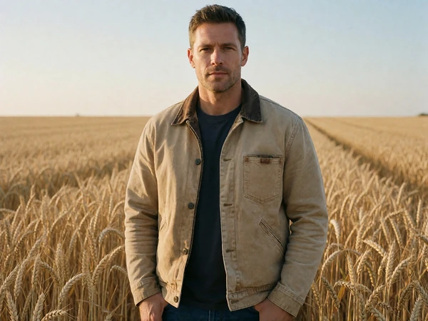 Adult man in a canvas work jacket standing near a golden wheat field in Nebraska