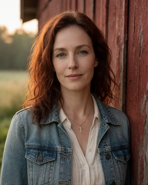Adult woman farmer wearing a cross necklace near a red barn