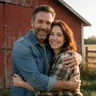 Adult man and woman in their forties hugging and smiling near a red barn