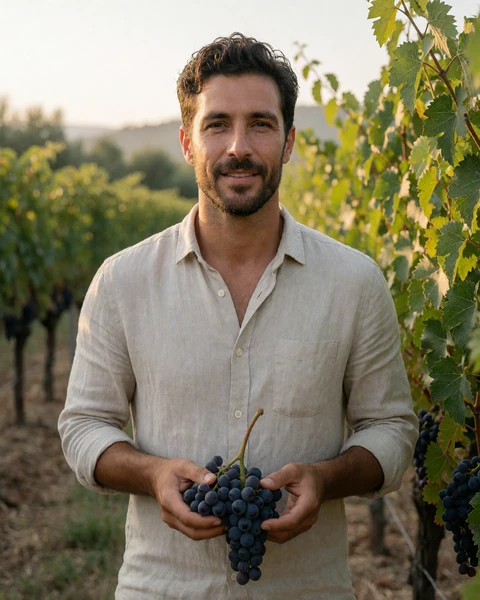 Adult man vintner of European descent standing among grapevines holding a cluster of grapes