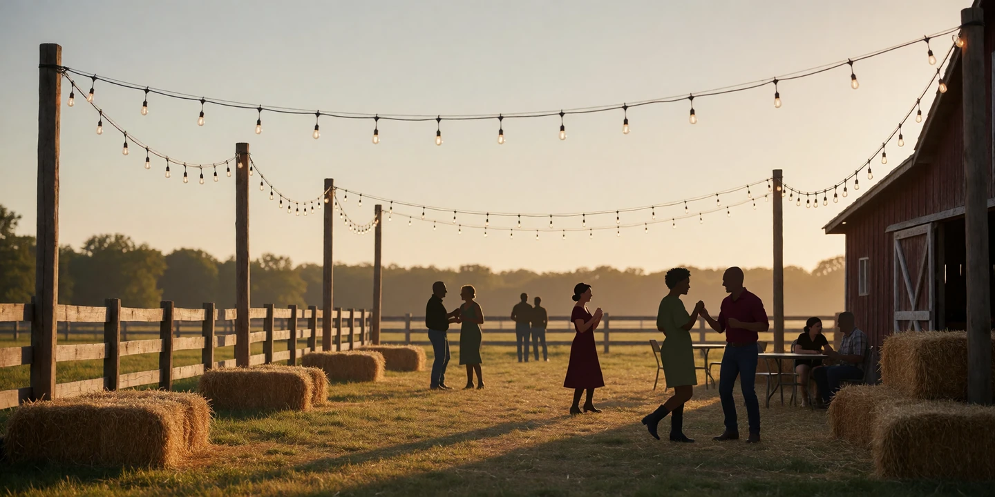 Country fair with string lights and hay bales for a country dating site