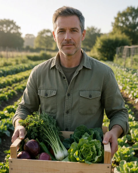 Adult man organic vegetable farmer with European background holding a crate of fresh vegetables