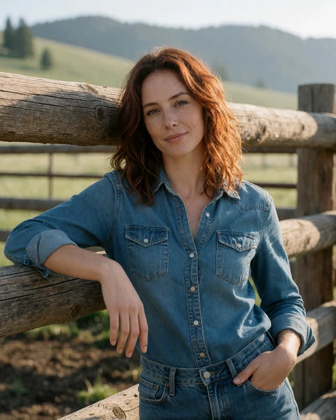 Adult woman rancher in a denim shirt leaning against a wooden corral on a Montana ranch