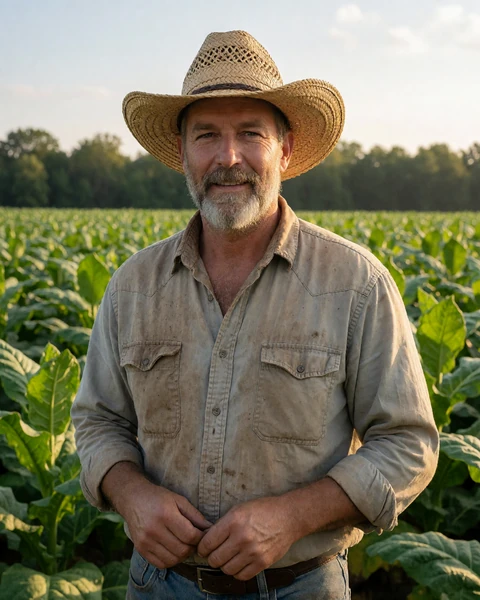 Adult man tobacco farmer in a straw hat standing at the edge of a green tobacco field at golden hour
