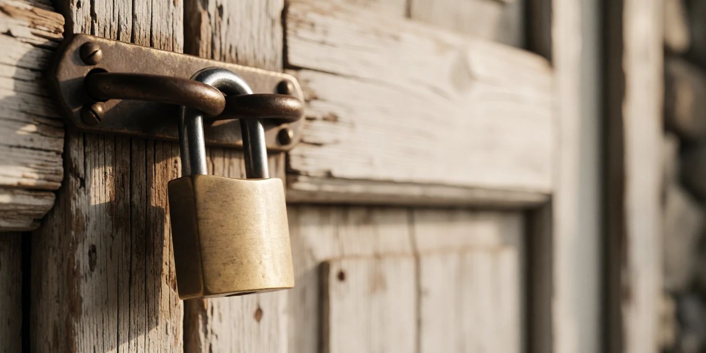 Brass padlock securing a rustic wooden farmhouse door in warm daylight