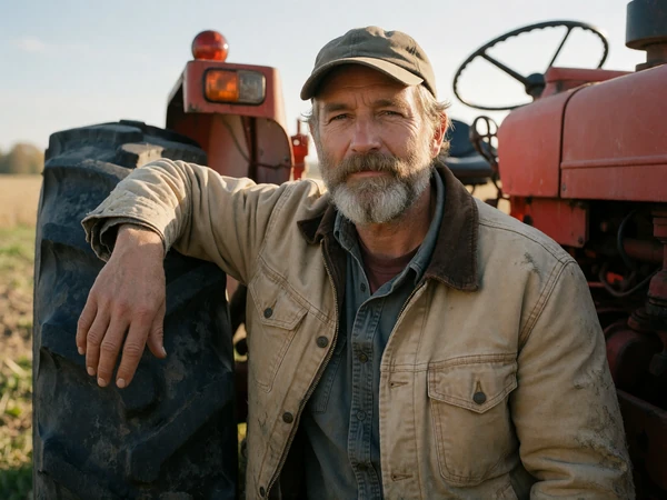 Adult man in a canvas jacket resting against a red tractor tire in an Indiana field