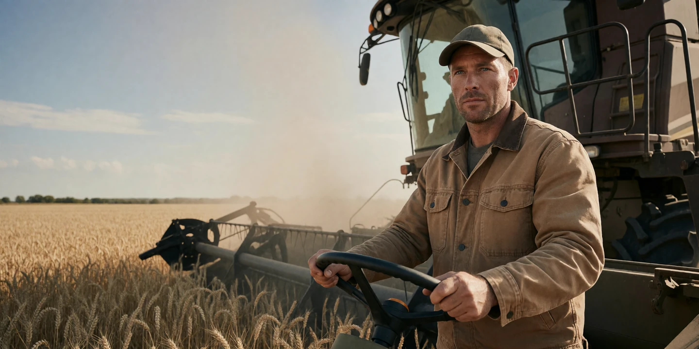 Man operating a large combine harvester in a wheat field for industrial farmers dating
