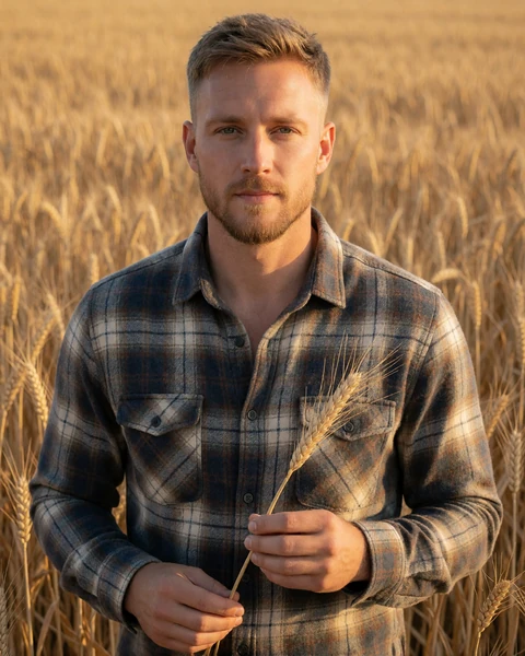 Adult man in a plaid flannel shirt holding a wheat stalk in a Nebraska field