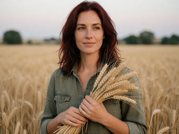 Adult woman holding a bundle of freshly cut wheat in a Kansas field in soft morning light