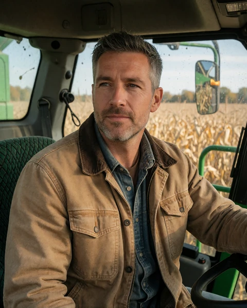 Adult man driving a green combine harvester during Indiana corn harvest