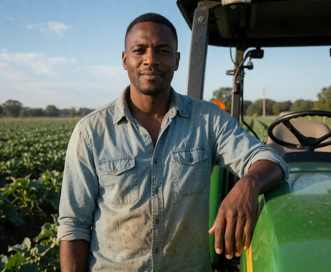 Adult Black man farmer standing near a green tractor in a field