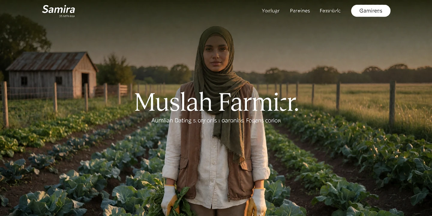 Muslim woman farmer in a hijab standing on a rural farm at sunset for Muslim farmers dating