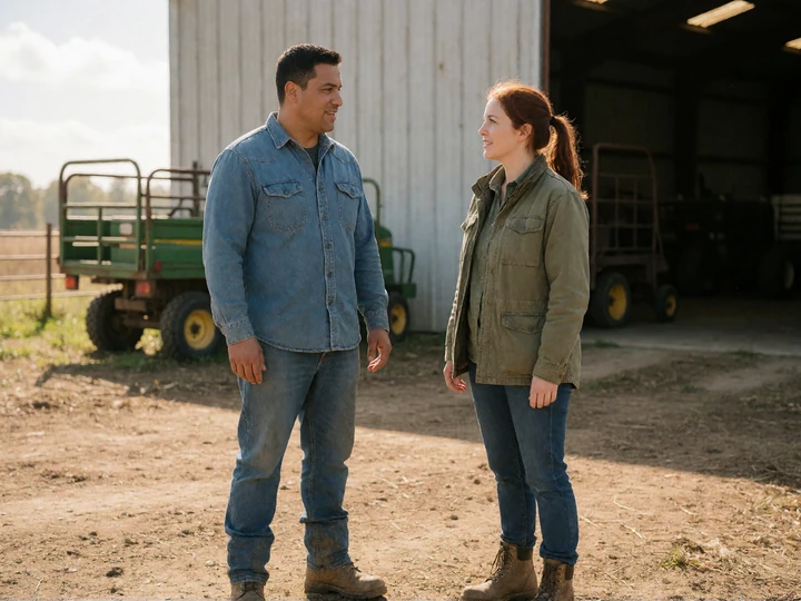 Adult man and woman in work boots talking outside a metal farm building for blue collar dating