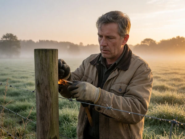 Adult man repairing a wooden fence at sunrise on a rural farm