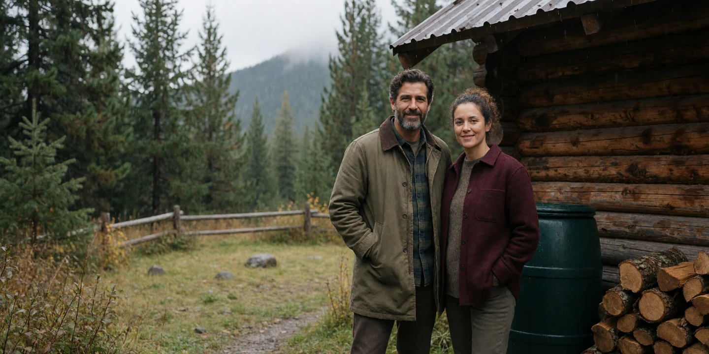 Adult off-grid couple outside a remote log cabin in forest for off grid dating