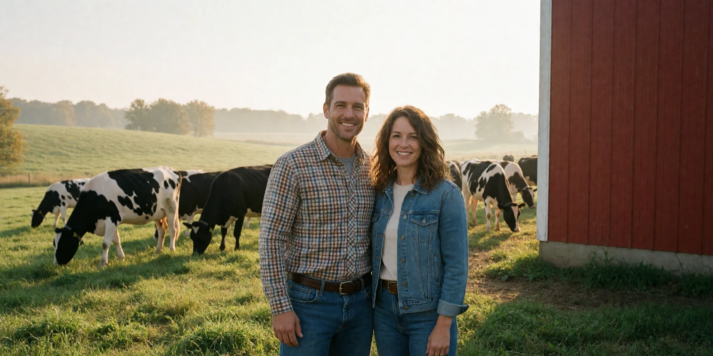 Adult couple standing beside a red Wisconsin dairy barn with Holstein cows grazing in a green pasture