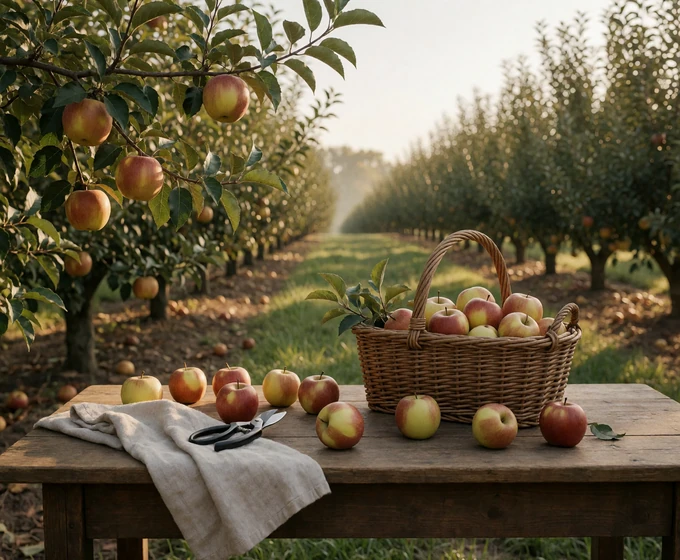 Orchard harvest table with apples and farm tools reflecting shared rural values